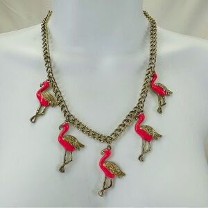 Flamingo enameled necklace 5 birds on a goldtone chain with extender